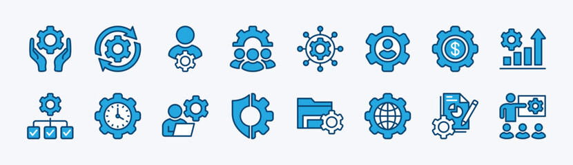 Set of business management icon. Containing managing, process, manager, organization, teamwork, connection, strategy, marketing, planning, hierarchy, employee, time, file folder. vector illustration
