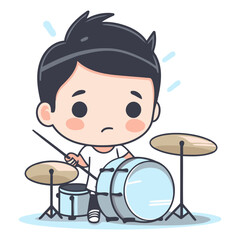 Boy playing drum set. Cute cartoon character.