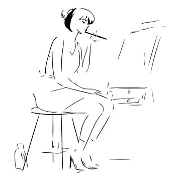 Young woman painting a picture in her studio in sketch style.