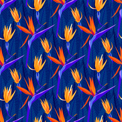 Tropical flower seamless pattern with modern yellow, orange color strelitzia, on blue leaves background, hand drawing illustration