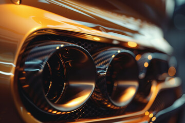 A close-up of a luxury car's exhaust pipe, its unique design creating an abstract pattern in the warm light
