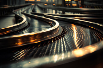 A close-up of a conveyor belt in an industrial factory, the products moving along the belt creating a rhythmic pattern