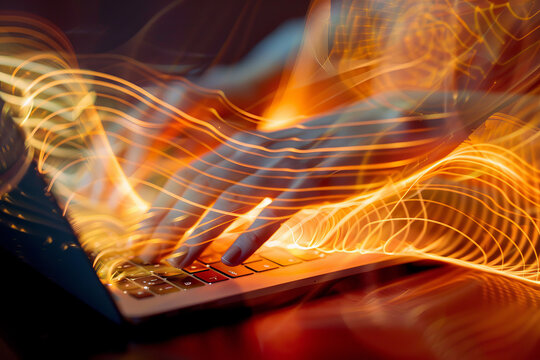 A close-up of a businesswoman's hands typing on a laptop in a modern office, the warm light creating an abstract pattern of motion and energy