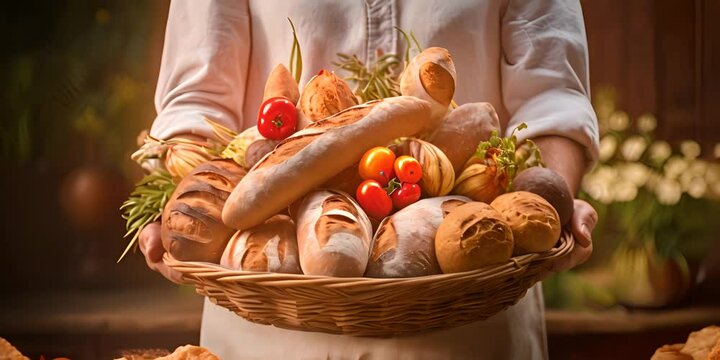 Person holding a basket with various tasty and fresh bread 4K Video