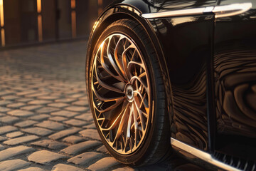 A close-up of a luxury car's wheel, its intricate design creating an abstract pattern in the warm light