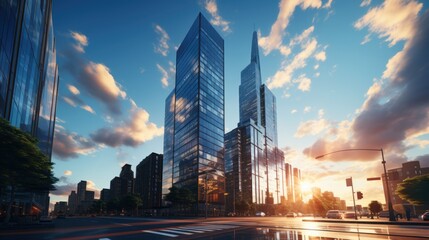 Photorealistic Tall building and behind it a beautiful and sky - obrazy, fototapety, plakaty