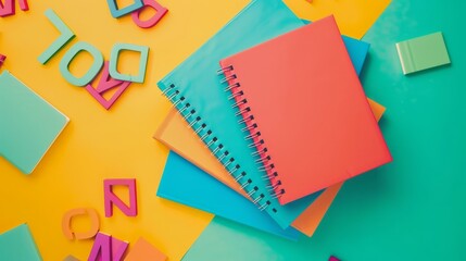 Vibrant back to school inscription in multicolored letters atop spiral stack of notebooks on bright yellow and mint background