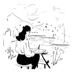 Hand drawn vector abstract stock graphic illustration with young woman sitting on a bench and drawing a landscape with a river. mountains. forest. lake. trees. sky. clouds. sun. clouds
