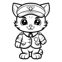 Black and White Cartoon Illustration of Cute Lynx Police Officer Character Coloring Book