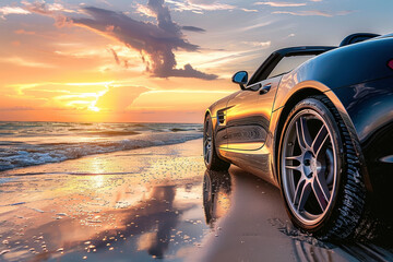 A luxury car parked on a beach at sunset, the warm light reflecting off the sea creating a serene...