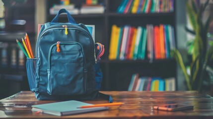 Back to school: backpack and supplies on wooden desk in classroom setting - obrazy, fototapety, plakaty