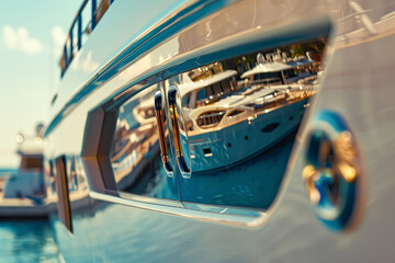 A luxury yacht reflected in a pair of sunglasses, the unique perspective creating an abstract and summery scene - Powered by Adobe