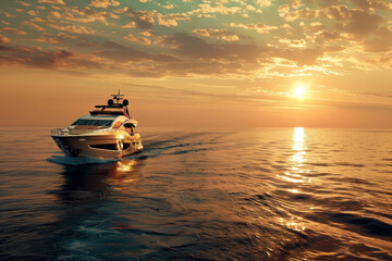 A luxury yacht sailing on a tropical sea, the warm light creating a dynamic and exciting scene