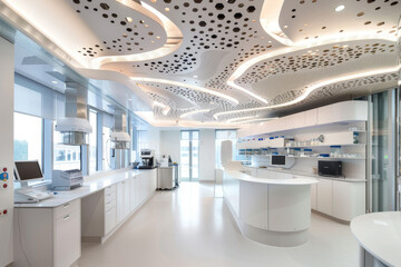 A medical laboratory with an abstract design, featuring a panoramic view of a modern lab interior