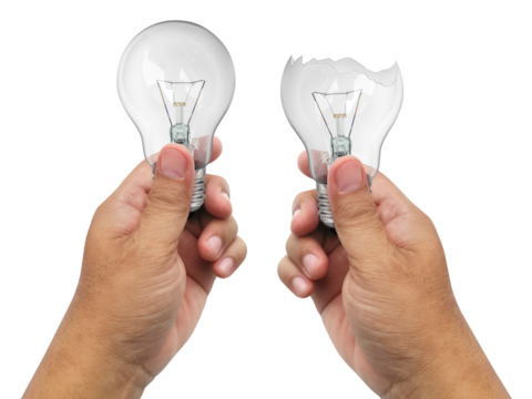 bulb and The broken bulb in a hand, transparent background