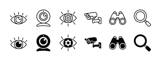 Business vision thin line icon set. Containing eye, eyesight, webcam, cctv camera, telescope, binoculars, search magnifier, eye with gear. vector illustration