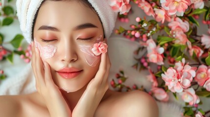 Japanese in facial cleansing in a spa with a towel
