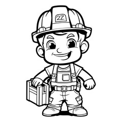 Fireman - Black and White Cartoon Illustration of a Fireman Character for Coloring Book