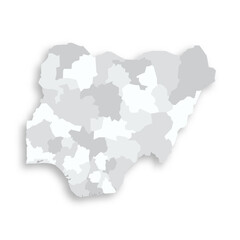 Nigeria political map of administrative divisions - states and federal capital territory. Grey blank flat vector map with dropped shadow.