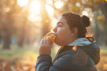 Obraz premium A plus-size model enjoying a post-workout snack in a park after a jog