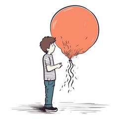 Boy with a balloon on a white background in sketch style.