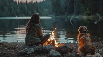 woman and a dog sitting in front of a campfire and a large lake with forest and pine trees - obrazy, fototapety, plakaty