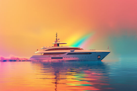 An abstract background featuring a luxury yacht sailing under a rainbow, the warm light creating a vibrant