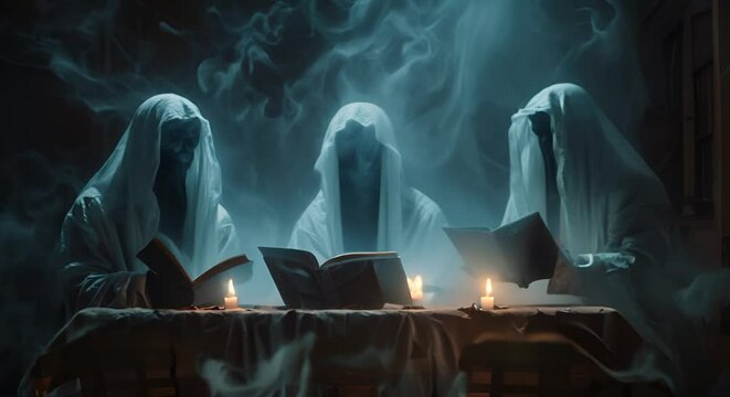 Phantoms organizing a silent book club with invisible books