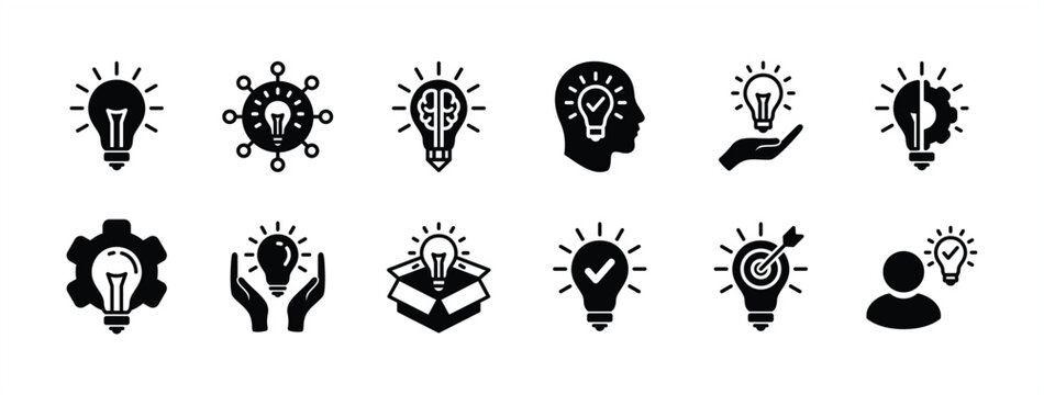 Business idea icon set. Containing light bulb, thinking out of the box, innovation, creativity. Lamp with brain, head, connection, gear settings, checkmark, target and goal management. illustration