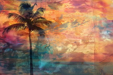 An abstract background featuring a palm tree against a vibrant sunset