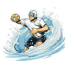 Vector illustration of a surfer jumping on a surfboard with a ball