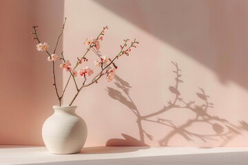 Blooming peach branches in a white vase against a pastel pink wall. 