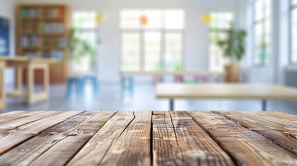 Rustic wooden tabletop against blurred classroom interior - back to school concept