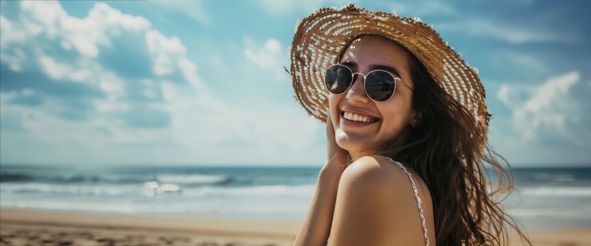 Smiling Woman with Hat Enjoying Beach Day.
