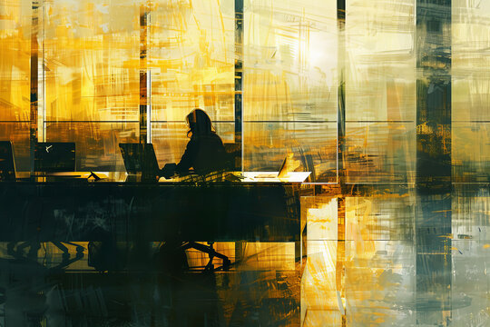An abstract view of a businesswoman using her laptop in a spacious office