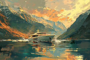 An abstract view of a luxury yacht sailing on a mountain lake - obrazy, fototapety, plakaty