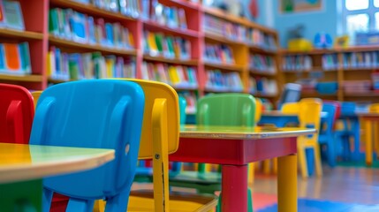 Vibrant kindergarten school background: colorful blur library setting