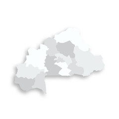 Fototapeta premium Burkina Faso political map of administrative divisions - regions. Grey blank flat vector map with dropped shadow.