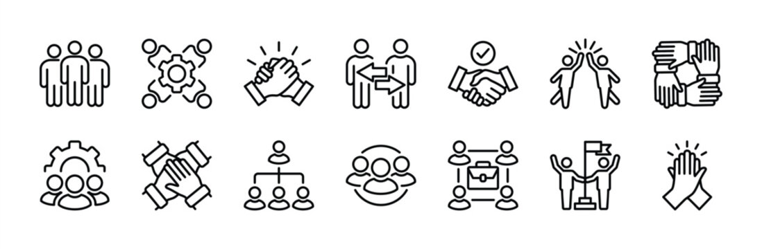 Business teamwork icon set. Containing team working together, partnership, work group, agreement, handshake, support, structure hierarchy, collaboration, co-worker, cooperation. vector illustration