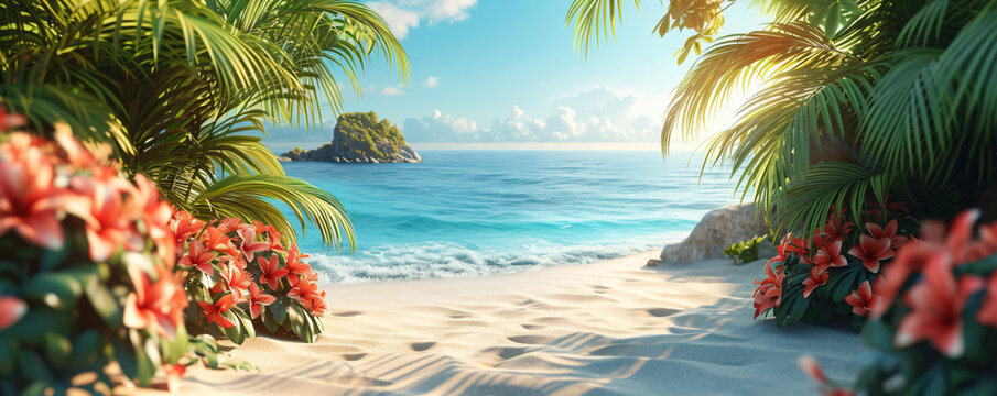 tropical beach banner. White sand and coco palms travel tourism wide panorama background