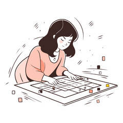 Illustration of a young woman playing board games.
