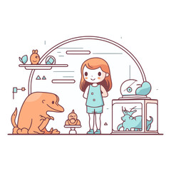 Pet shop concept. Girl and dog in pet store
