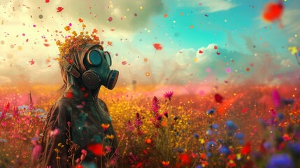 A person wearing gas mask in wild field in Spring. - obrazy, fototapety, plakaty