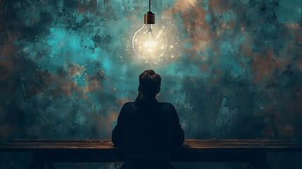 Idea: A person sitting at a desk, deep in thought - obrazy, fototapety, plakaty