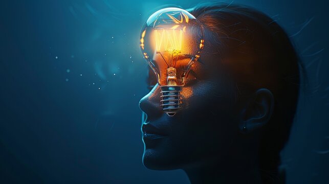 Idea: A close-up of a person's head with a glowing lightbulb symbolizing a new idea