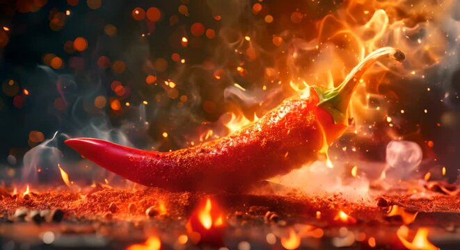A fiery pepper being sliced, with a flare of spice particles around it