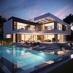 Fototapeta premium Impressive modern mansion with pool at dusk . Natural Landscape 