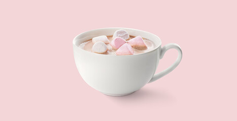 Hot cocoa drink with white and pink marshmallows on pastel pink background - 764995984