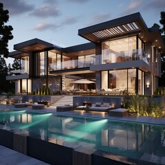 Fototapeta premium Impressive modern mansion with pool at dusk . Natural Landscape 