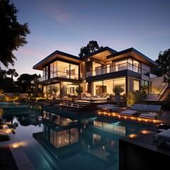 Obraz premium Impressive modern mansion with pool at dusk . Natural Landscape 
